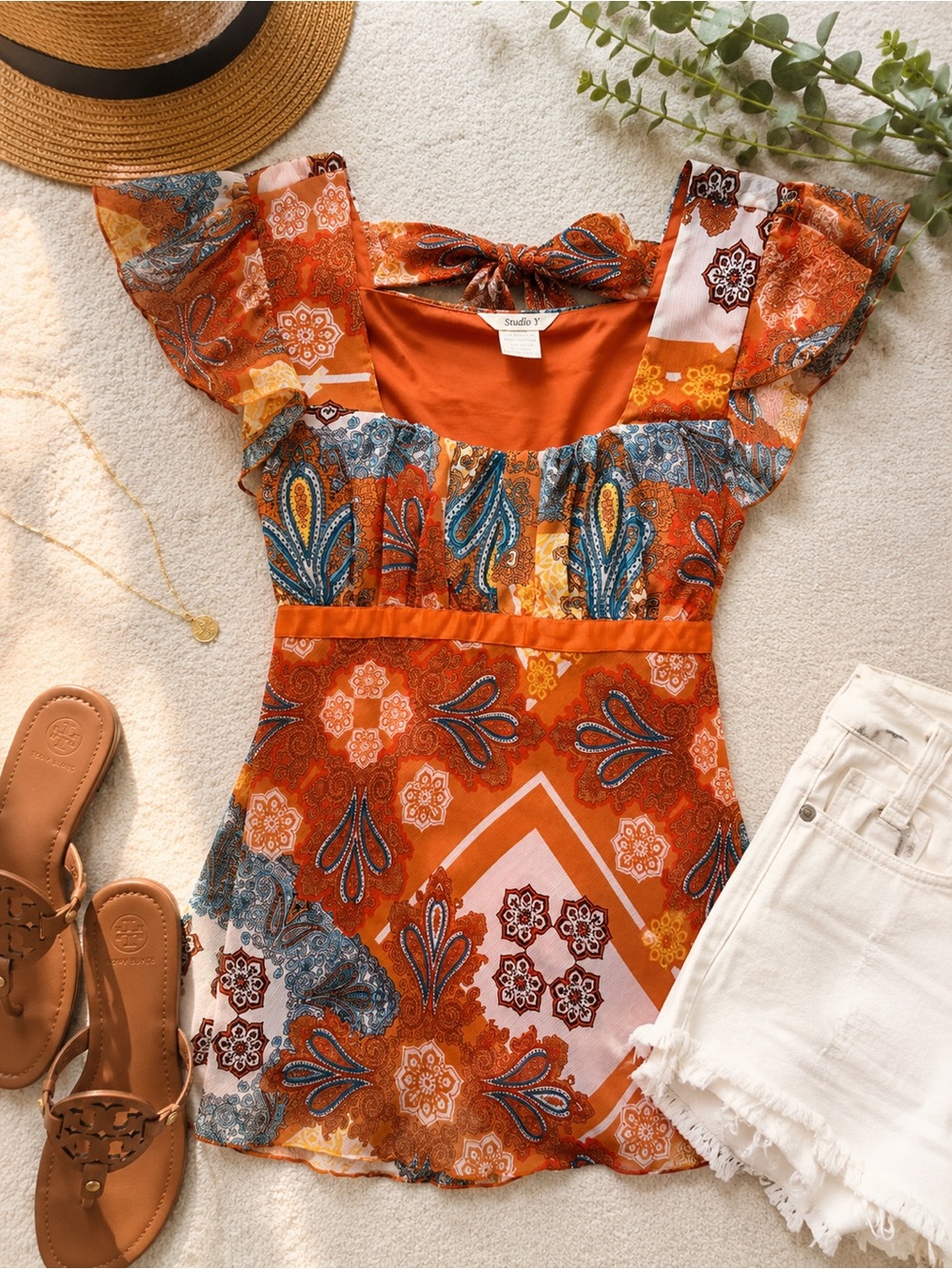 Studio Y Orange Paisley Flutter Sleeve Tie Back Blouse Top Medium Boho